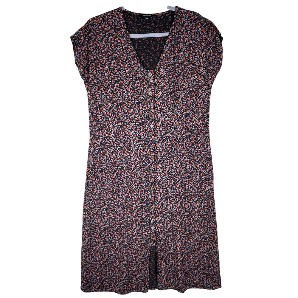 Madewell Navy Floral Midi Dress with Red and Pink Blossoms
